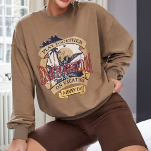 Shein Women Drop Shoulder Slogan Graphic Print Pullover Sweatshirt - Picture 1 of 12